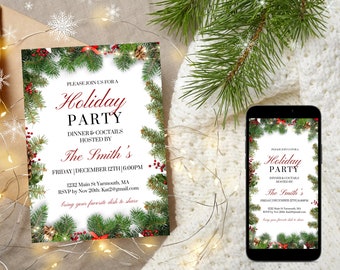 Może przedstawiać: Zaproszenie na przyjęcie świąteczne z obramowaniem z zieleni. Tekst zapowiada 'Holiday Party' z kolacją i koktajlami, organizowane przez The Smith's 12 grudnia. Smartfon wyświetla to samo zaproszenie.