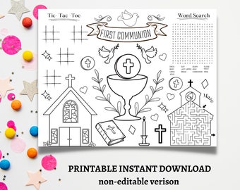 May include: A printable activity sheet for First Communion with a word search, tic-tac-toe, maze, and coloring pages. The sheet features images of a church, chalice, dove, and cross.