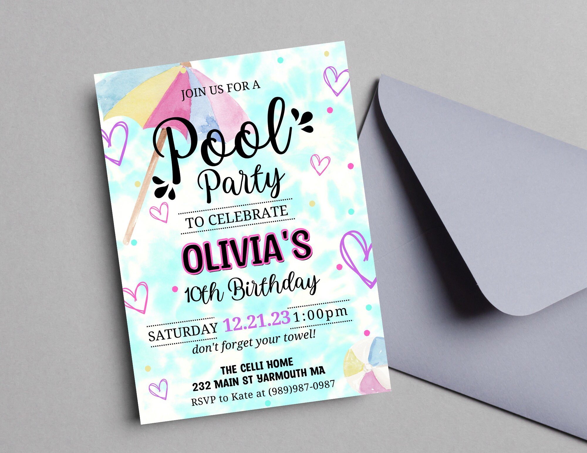 Editable Pool Party Invitation Template Pastel Rainbow Pool Birthday ...
