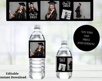 Puede incluir: Etiquetas de botellas de agua editables con fondo negro y texto blanco que dice "Clase de 2025". Las etiquetas presentan una foto de un graduado con gorro y toga. Las etiquetas están diseñadas para fiestas de graduación.