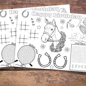 Horse Birthday Party Placemat Activity Sheet,Birthday Favor Printable for Kids Party, Kids activity sheet, Horse Birthday activity sheet
