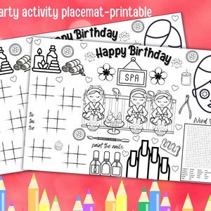 Napperon à colorier pour fête au spa, personnalisé, fête au spa, imprimable, personnalisé, chouchouter son anniversaire, anniversaire au spa, tapis d&#39;activités, napperon d&#39;anniversaire,