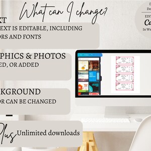 Puede incluir: Una pantalla de ordenador que muestra una plantilla de dise&ntilde;o de Canva para entradas imprimibles. El dise&ntilde;o presenta un patr&oacute;n floral rosa y el texto "D&iacute;a de la Madre". El texto "&iquest;Qu&eacute; puedo cambiar?" se muestra encima de la pantalla del ordenador, junto con una lista de caracter&iacute;sticas editables, incluyendo texto, gr&aacute;ficos, fotos y color de fondo. El texto "M&aacute;s Descargas Ilimitadas" se muestra debajo de la pantalla del ordenador.