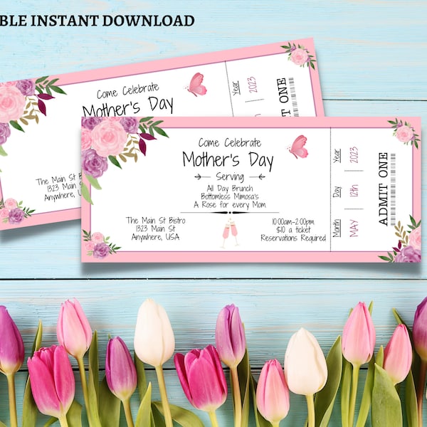 Mother's Day Brunch Ticket Invitation, Floral Brunch Tickets, Editable Mother's Day Invitation Template, Mother's Day ticket, printable