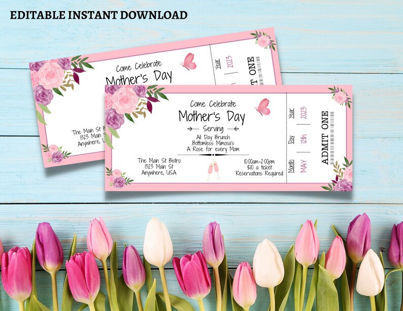 Puede incluir: Ticket floral rosa y morado para el brunch del D&iacute;a de la Madre. El ticket dice "Ven a celebrar el D&iacute;a de la Madre" e incluye detalles sobre el evento, como la fecha, la hora y el precio. Tambi&eacute;n dice "Servicio: Brunch todo el d&iacute;a, Mimosa sin l&iacute;mite, Una rosa para cada mam&aacute;".