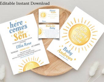 Editável Aí vem o pacote de chá de bebê do filho, Aí vem o convite de chá de bebê do filho, Chá de bebê Sunshine, Decoração de chá de bebê Sun, Azul