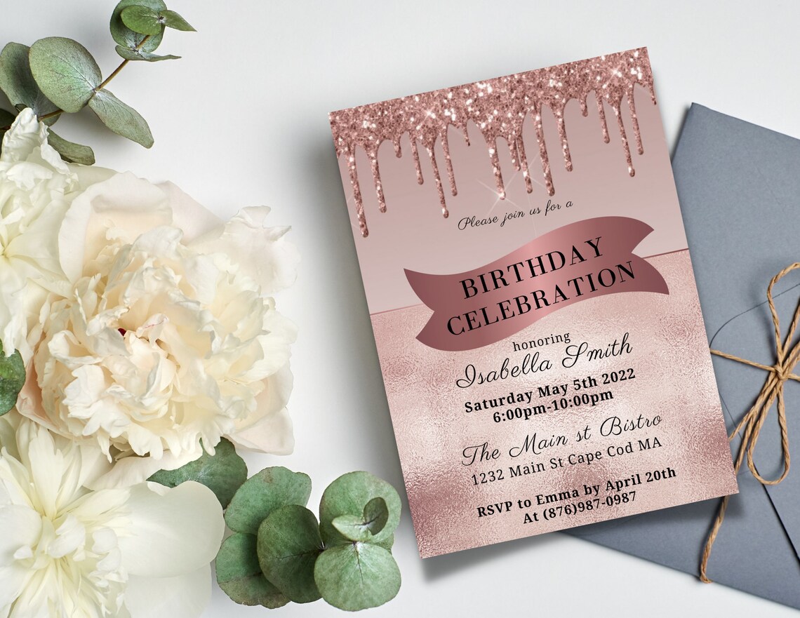 Editable Rose Gold Birthday Invitation Rose Gold Glitter - Etsy
