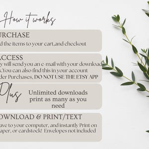 May include: A white background with a light gray box containing instructions on how to purchase, access, and download a digital printable. The text reads "How it works", "Purchase", "Add the items to your cart, and checkout", "Access", "Etsy will send you an e-mail with your download link. You can also find this in your account under Purchases, DO NOT USE THE ETSY APP", "Plus", "Unlimited downloads print as many as you need", "Download & Print/Text", "Save to your computer, and instantly Print on paper, or cardstock! Envelopes not included".