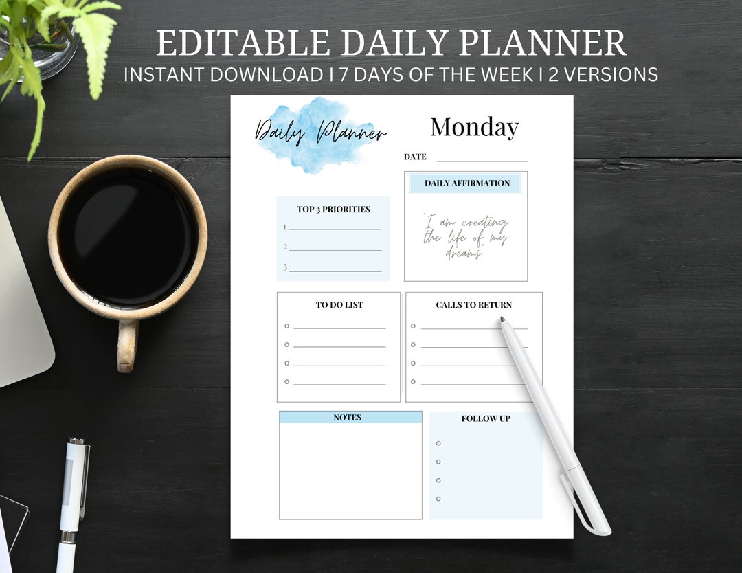EDITABLE DAILY PLANNER | to Do List | Printable Productivity Day ...