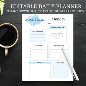EDITABLE DAILY PLANNER | To Do List | Printable Productivity Day Planner for Work | Work Day Diary Insert | Template | Pdf, Excel | Organize