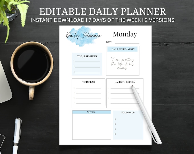 EDITABLE DAILY PLANNER | to Do List | Printable Productivity Day ...