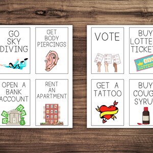 May include: A set of eight white cards with black text and colorful illustrations. The cards feature activities such as skydiving, getting body piercings, voting, buying lottery tickets, opening a bank account, renting an apartment, getting a tattoo, and buying cough syrup.