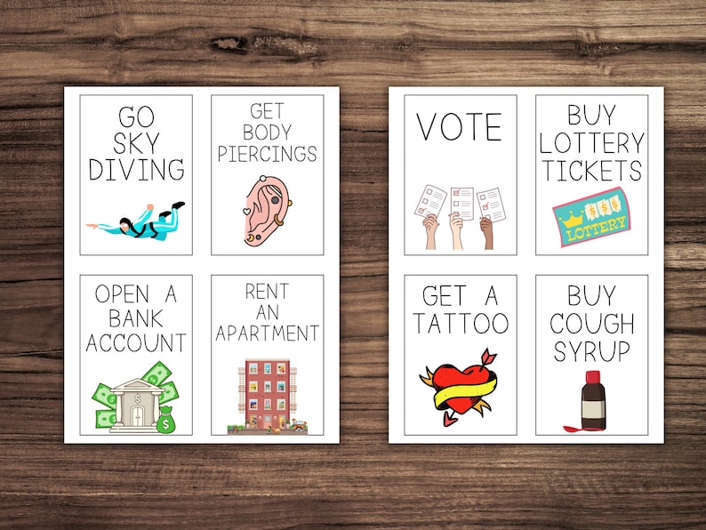 May include: A set of eight white cards with black text and colorful illustrations. The cards feature activities such as skydiving, getting body piercings, voting, buying lottery tickets, opening a bank account, renting an apartment, getting a tattoo, and buying cough syrup.