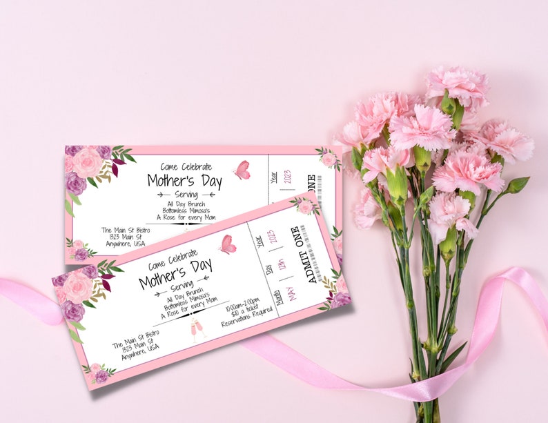 Puede incluir: Dos boletos rosas y blancos con dise&ntilde;os florales y mariposas. Los boletos dicen "Come Celebrate Mother's Day" y tienen el texto "ADMIT ONE" en el lado derecho. Los boletos est&aacute;n sobre un fondo rosa con flores rosas.