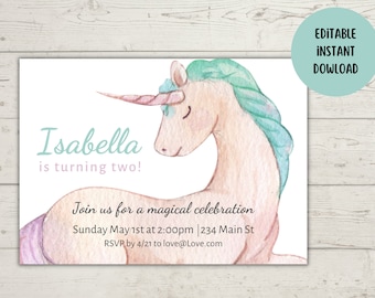 Unicorn Birthday Invitation Editable Unicorn Party Invitation Unicorn Birthday Invitation Rainbow Unicorn Invitation Girl Instant Download