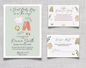 Boy Baby Shower Invitation Set Template, Diaper Sign, Book, Boho Baby Shower Invitation, Baby Clothes Shower, Template, Editable,