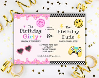 Invitación de cumpleaños doble para hermanos de niño y niña, invitación de cumpleaños conjunta para cumpleaños de niña y niño Invitación de fiesta de cumpleaños conjunta para niña y niño