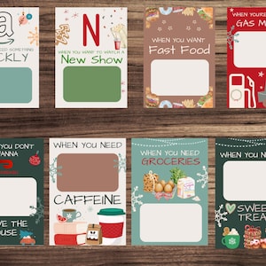 May include: A set of eight printable Christmas gift cards with different icons and text. The cards feature a variety of themes, including shopping, watching TV, fast food, gas money, leaving the house, caffeine, groceries, and sweet treats.