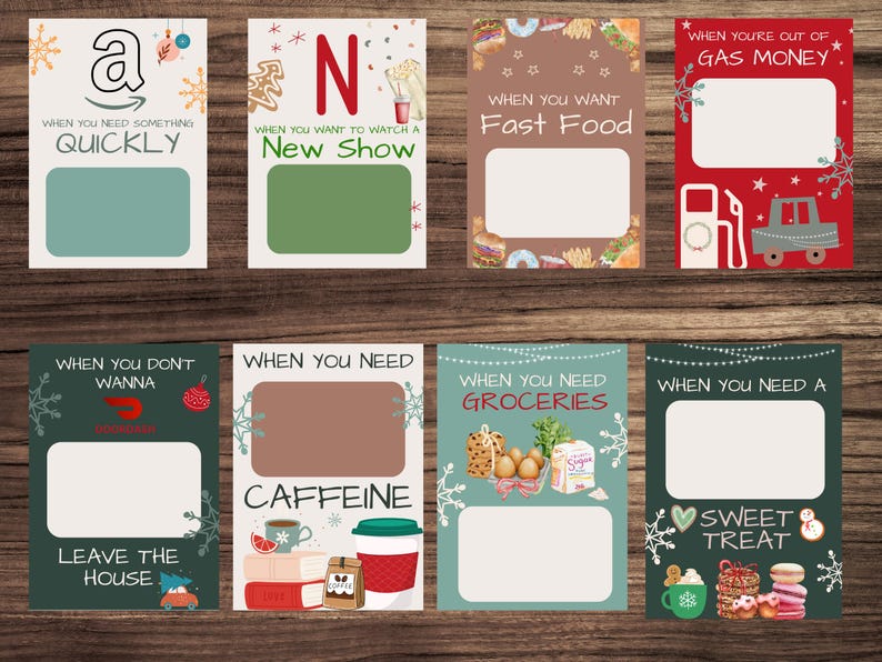 May include: A set of eight printable Christmas gift cards with different icons and text. The cards feature a variety of themes, including shopping, watching TV, fast food, gas money, leaving the house, caffeine, groceries, and sweet treats.