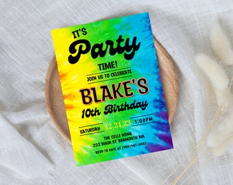 May include: A colourful tie-dye invitation for a 10th birthday party. The invitation features the text "It's Party Time!" and "Join us to celebrate Blake's 10th Birthday". The invitation also includes the date and time of the party, the address, and the RSVP information.