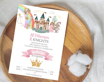 Convite Princesa e Cavaleiro, Festa de aniversário conjunta de princesas e cavaleiros para 2, Modelo Canva editável, Download instantâneo, Impressão/Texto