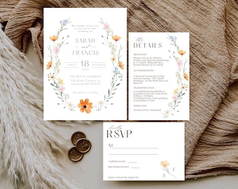 Wildflower Wedding Invitation Template, Printable Wedding Invitation, Wedding Invitation, Boho Wildflower Invitation, Floral Wreath,boho