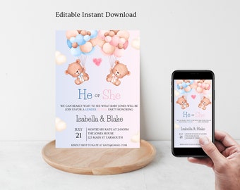 EDITABLE Teddy Bears Gender Reveal Invitation, Baby Boy Or Girl Party Invite Template, He Or She, Boho Watercolor Bear with Balloons, Set
