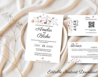 Summer Wildflower Wedding Invitation Set, Whimsical Floral Invitation Suite Template, Field Flowers Wedding Invite QR Code Bundle, wedding