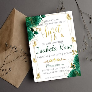 Emerald Green Floral Butterflies Sweet 16 Invitation EDITABLE TEMPLATE, Sweet 16 Birthday Instant Download PDF Printable, Sweet 16 Invite