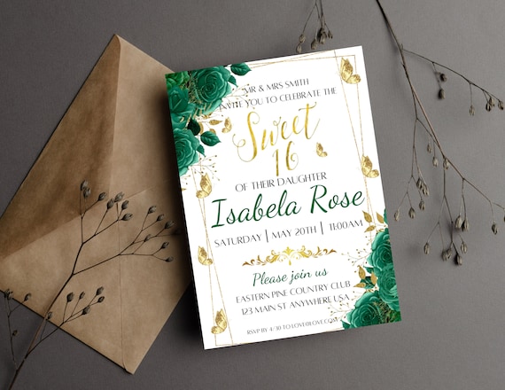 Emerald Green Floral Butterflies Sweet 16 Invitation EDITABLE TEMPLATE, Sweet 16 Birthday Instant Download PDF Printable, Sweet 16 Invite