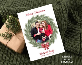Grandmillennial Christmas Card Template, Photo Christmas Card, Watercolor Garland Holiday Card, Festive Christmas Card, Instant Download