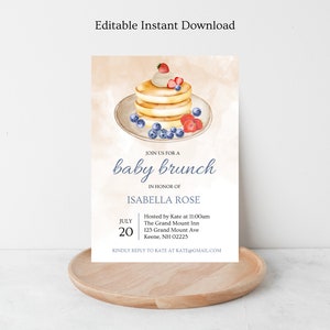 Pancake Baby Brunch Invitation Template, Brunch Baby Shower Invite, Strawberry Blueberry Pancakes, Gender Neutral, Editable Template,