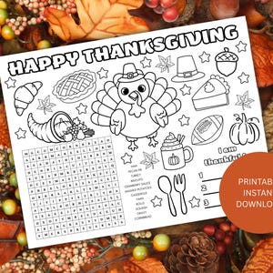 May include: Black and white Thanksgiving-themed printable with the words "Happy Thanksgiving" at the top. The image includes a turkey, pie, football, and a word search puzzle. A circular orange button says "Printable Instant Download".