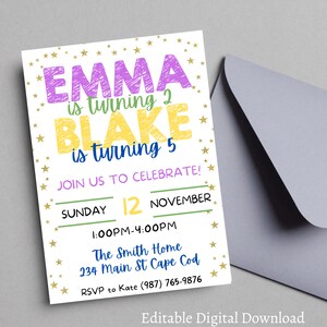 Editable Siblings Birthday Invitation | sibling invitation, joint invitation, instant download, digital download, printable template. invite