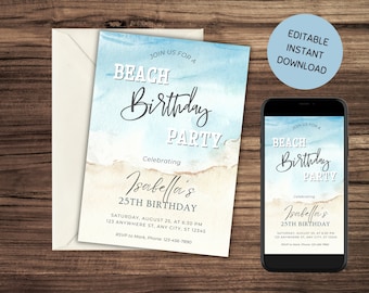 Faire-part d'anniversaire sur la plage, invitation à une fête d'anniversaire modifiable, Eviter la fête sur la plage, tout âge, impression ou texte, modèle de toile, anniversaire à la plage