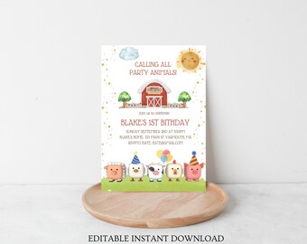 EDITABLE Farm Birthday Invitation, Barn Animals Party Invite Template, Ranch Kids Birthday, Floral Barnyard Animals, Instant Download, KP082