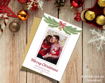 Tarjeta navideña con foto imprimible, tarjeta navideña con foto para las fiestas, tarjeta navideña con acuarela, plantilla de tarjeta navideña digital, tarjeta navideña moderna, Navidad
