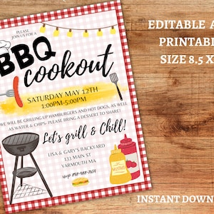 Barbecue Cookout Flyer, Picnic Flyer, Fundraiser Flyer, Neighborhood Barbecue Flyer, DIY Template, BBQ invite, Editable Flyer, DIY Flyer