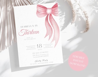 Tween Pink Bow 13th Birthday | Coquette 13th Birthday Invitation | Pink Bow Template | Editable Digital Invite | Trendy Girl Birthday Party