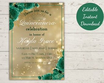 Könnte beinhalten: Goldene und grüne Quinceañera-Einladung mit einer Krone, einem floralen Design und dem Text "Bitte schließen Sie sich uns zu einer Quinceañera-Feier zu Ehren von Kayla Grace an. Samstag | 20. Mai | 11:00 Uhr. Eastern Pine Country Club. 123 Main St. Anywhere USA. RSVP bis zum 30.01 an Love@love.com."