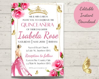 Quinceañera Invitation EDITABLE TEMPLATE, Quinceañera Party Invite, Mis Quince 15 Anos Birthday Instant Download PDF Printable,Quinceañera