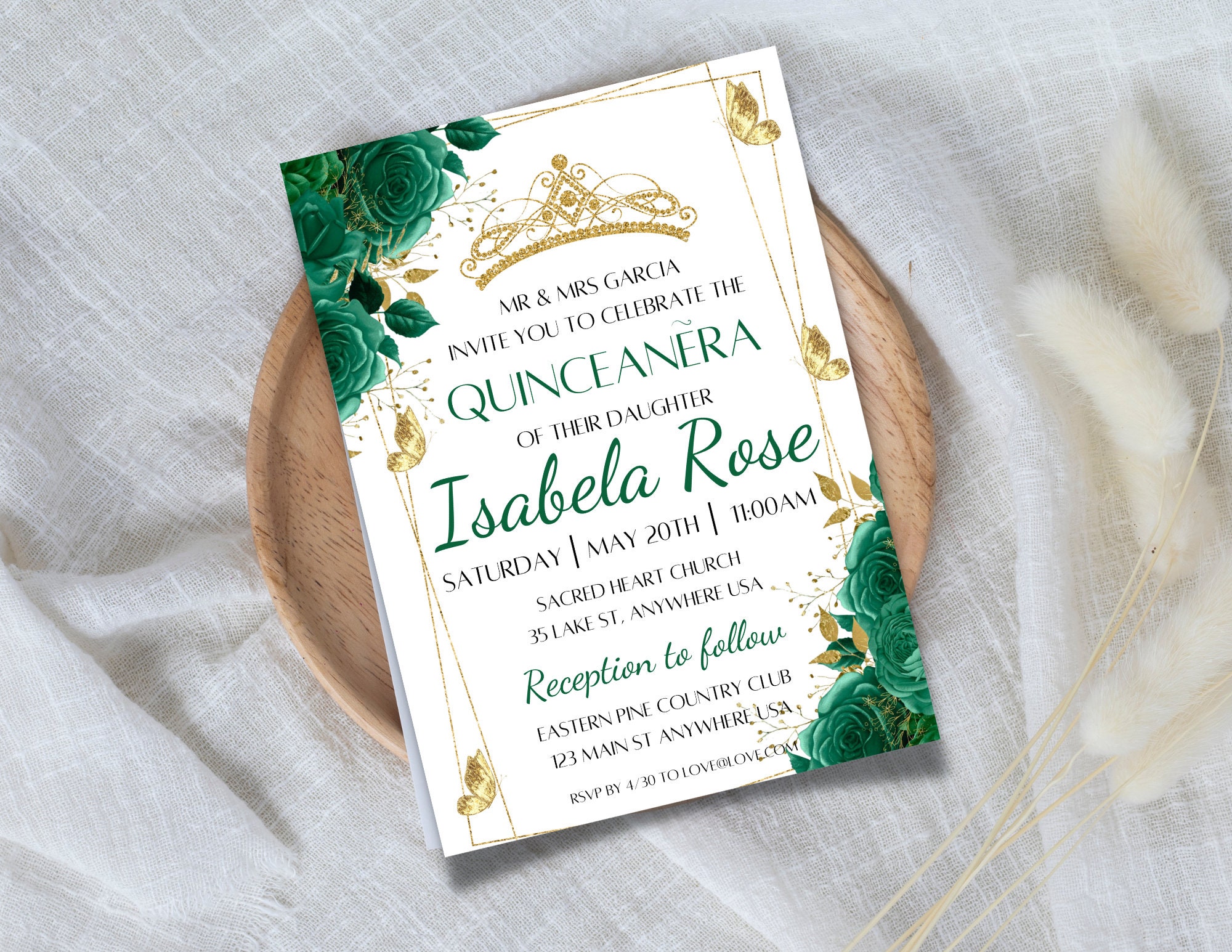 Emerald Green Floral Butterflies Quinceañera Invitation EDITABLE TEMPLATE, Mis Quince 15 Anos Birthday Instant Download PDF Printable,