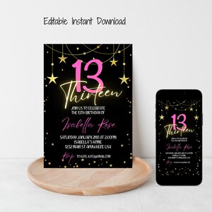 13Th Birthday Invitation for girl, Gold Glitter Pink Neon, Editable Template, 13 Bday Invites, Teen Birthday invite, Printable invitation