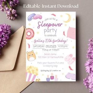 Editable Slumber Party Birthday Invitation Sleepover Birthday Invite Pink Girl Spa Tween Teen Digital Download Printable Template, sleepover