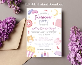 Bearbeitbare Pyjama Party Geburtstagseinladung Sleepover Geburtstag einladen Rosa Mädchen Spa Tween Teen Digital Download druckbare Vorlage, Sleepover