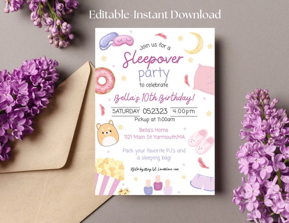 Editable Slumber Party Birthday Invitation Sleepover Birthday Invite Pink Girl Spa Tween Teen Digital Download Printable Template, sleepover