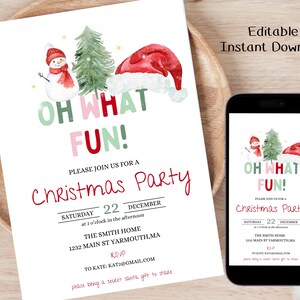May include: A printable Christmas party invitation with a red, white, and green color scheme. The invitation features a snowman, a Christmas tree, and a Santa hat. The text on the invitation reads "Oh What Fun!" and includes details about the party, such as the date, time, and location.