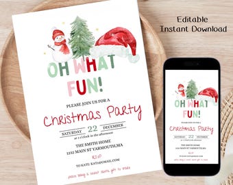 May include: A printable Christmas party invitation with a red, white, and green color scheme. The invitation features a snowman, a Christmas tree, and a Santa hat. The text on the invitation reads "Oh What Fun!" and includes details about the party, such as the date, time, and location.