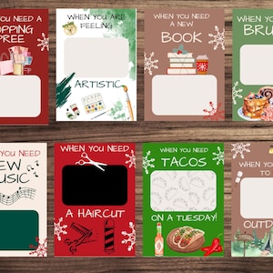 May include: Eight printable cards with a winter theme. Each card has a different activity or feeling and a blank space to fill in. The text on the cards includes "When you need a shopping spree", "When you are feeling artistic", "When you need a new book", "When you want brunch", "When you need new music", "When you need a haircut", "When you need tacos on a Tuesday", and "When you want to be outdoors".