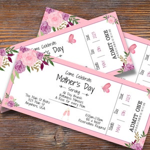 Puede incluir: Ticket rosa y blanco con dise&ntilde;o floral y el texto "Come Celebrate Mother's Day" y "Serving All Day Brunch Bottomless Mimosa's A Rose for every Mom". El ticket tambi&eacute;n tiene el texto "May 12th 2023" y "ADMIT ONE".